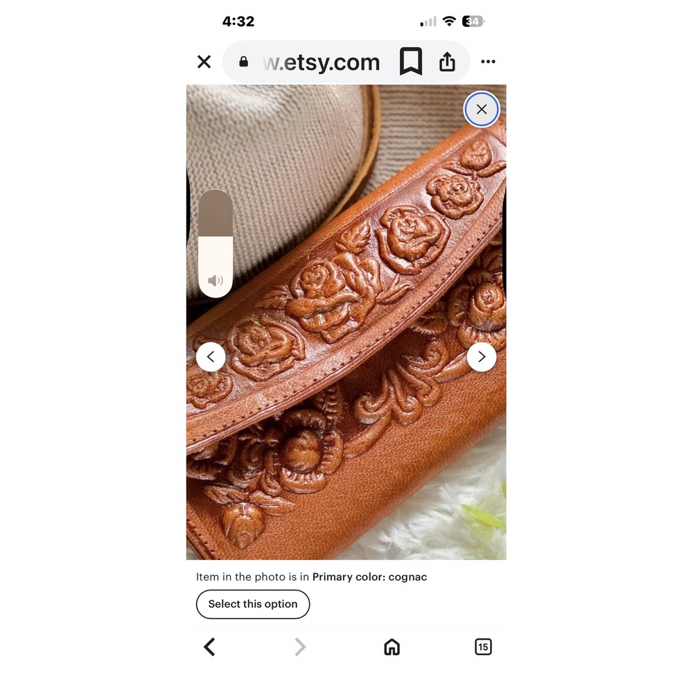 Cognac Floral Tooled Leather Wallet Clutch
